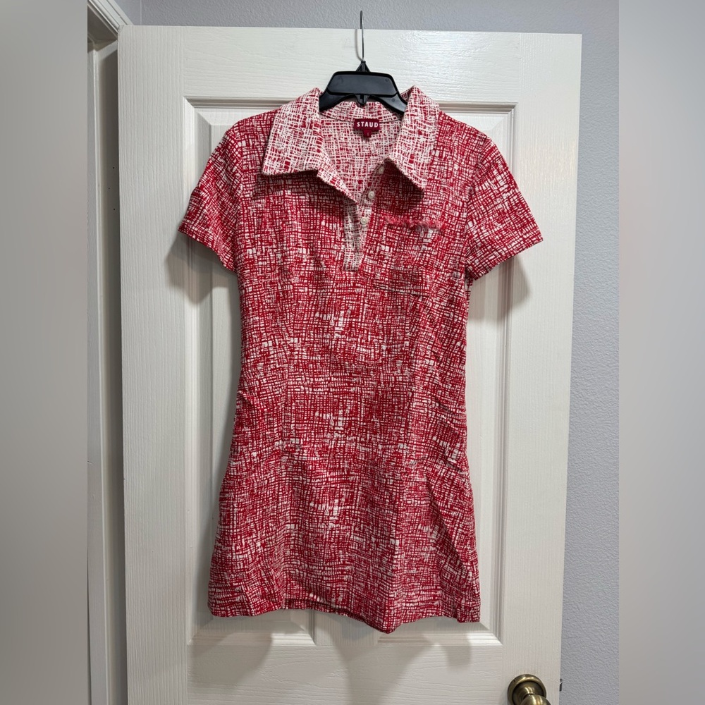STAUD Red and White Short-Sleeve Mini Dress